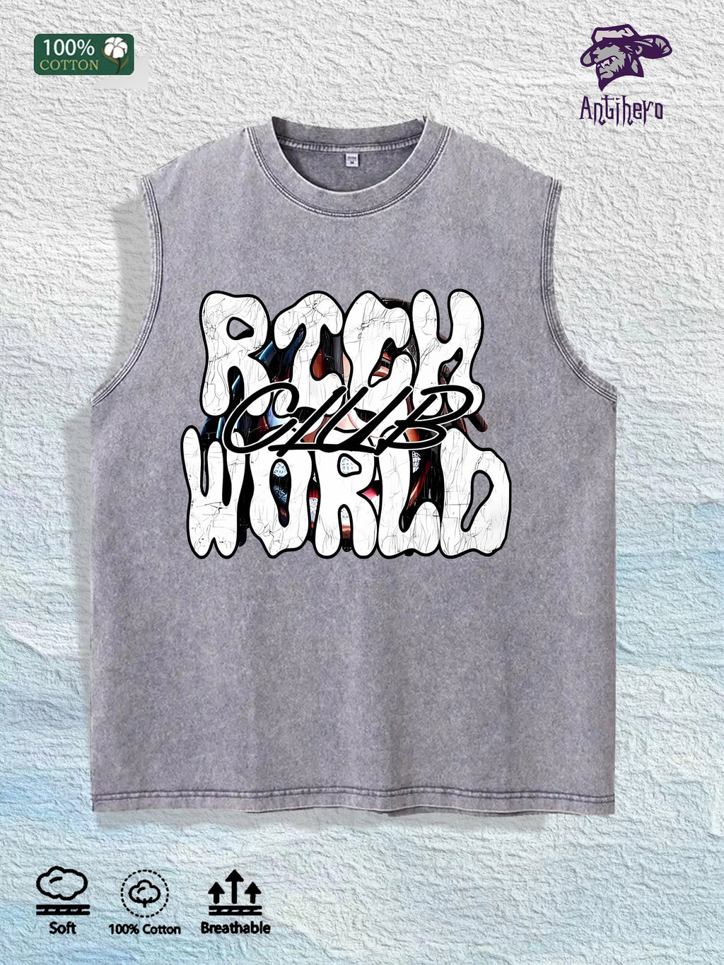 RICH WORLD CLUB Graphic Washed Vest US Warehouse 3 Colors Cotton Tank