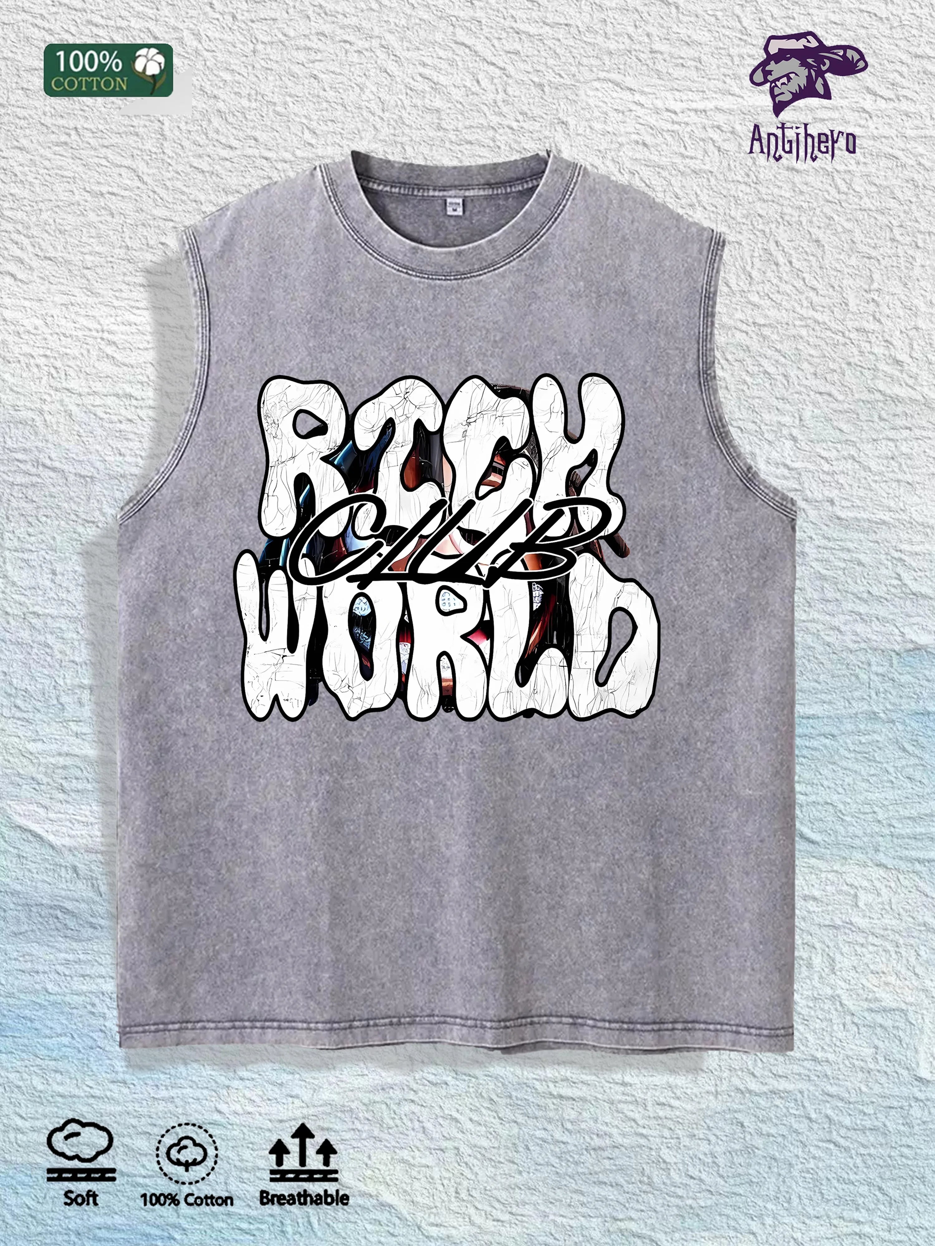 RICH WORLD CLUB Graphic Washed Vest US Warehouse 3 Colors Cotton Tank