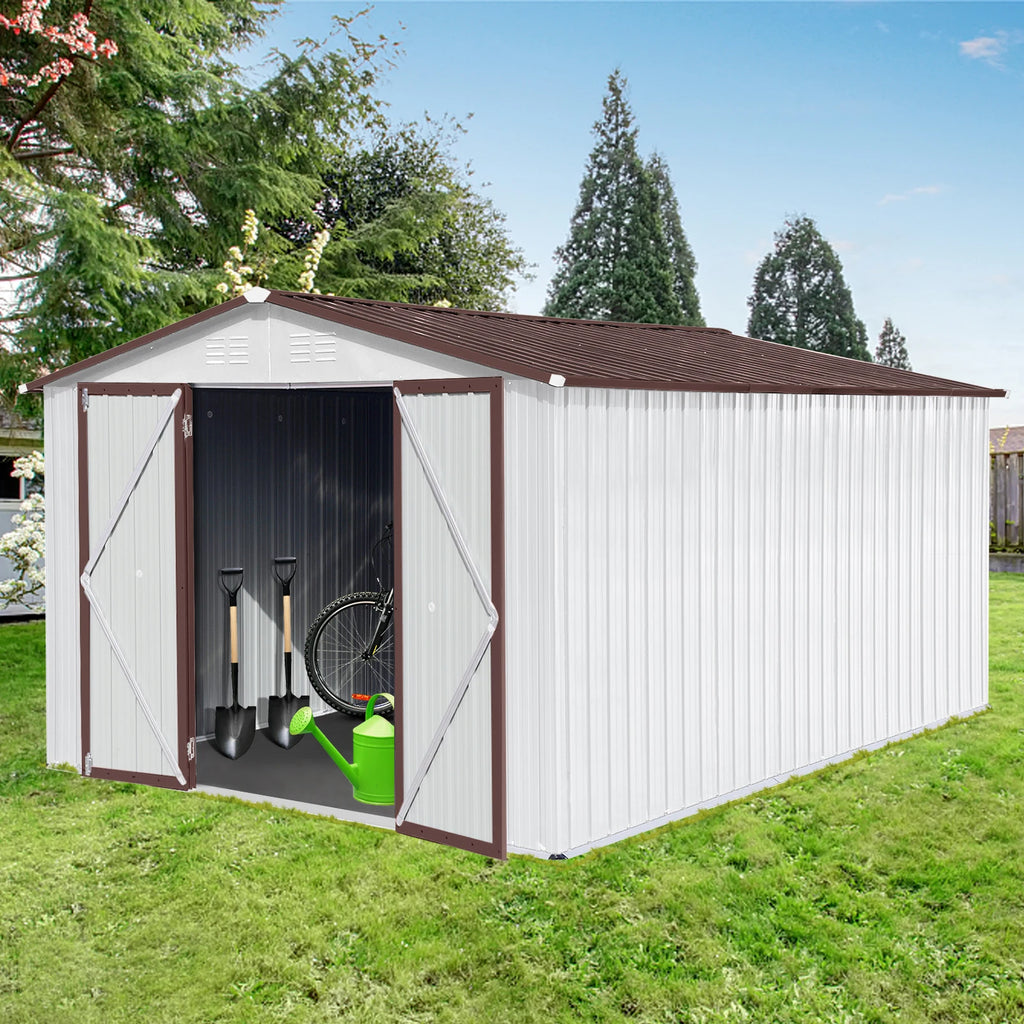 Outdoor Storage Sheds 10X12FT Apex Roof in Brown Roof+White Walls Without Foundation