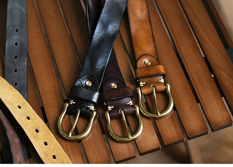 Handmade Classic Retro Style Pure Copper Horseshoe Buckle No interlayer Cowhide Men's Belt Genuine Leather Jeans Man design Belt