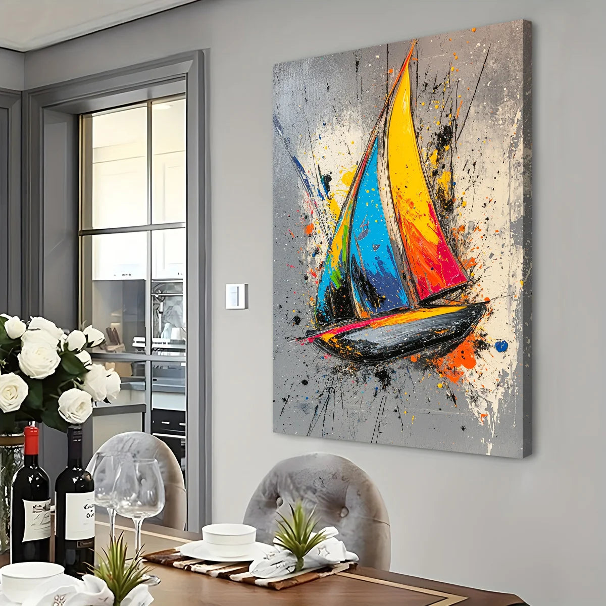 Colorful Sailboat Artwork: Vibrant Abstract Boat Art Print Canvas Wall Art 1.5inch Thick Indoor Living Room and Home Decor