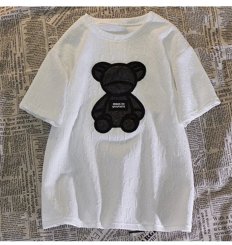 Women's T-shirts Harajuku Girls Plus Size Tops Letter Jacquard O-neck Short Sleeves Loose Summer Tshirt Bear White Tees M-5XL