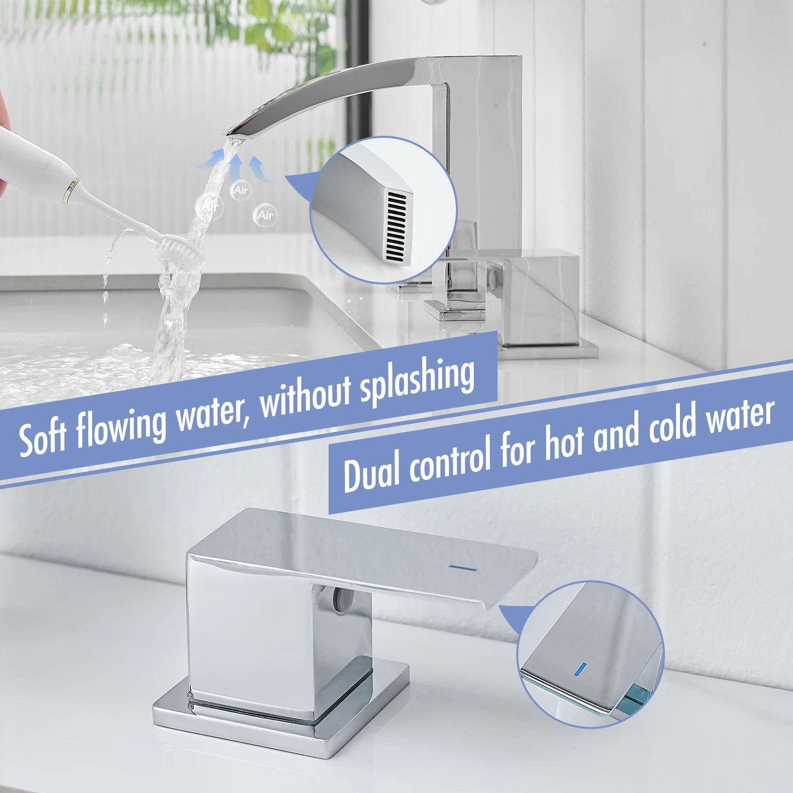 8 Inch Modern Waterfall Bathroom Faucet Widespread Sink Faucet Two-Handle Design 3-Hole Stainless Steel Material for Hotels