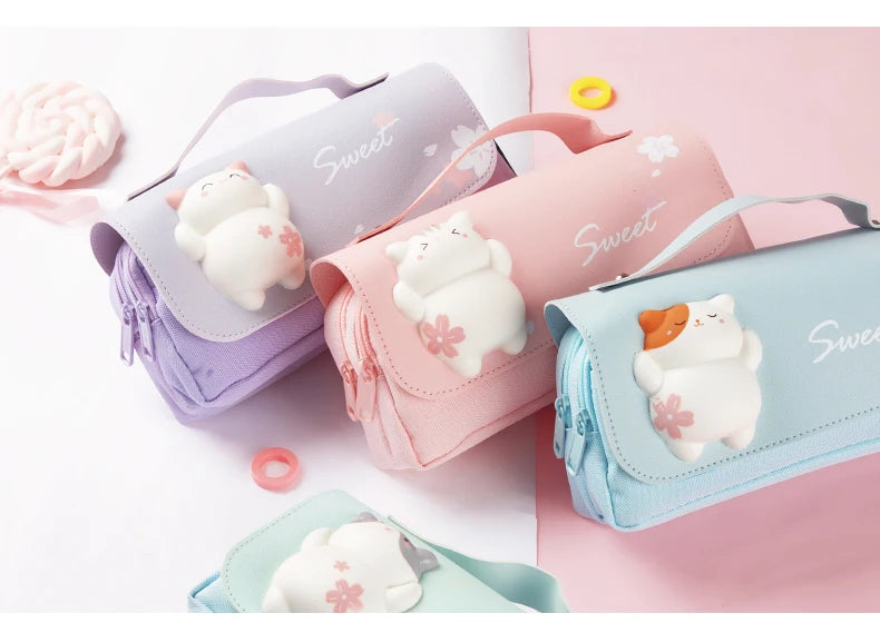Sakura Pencil Bag PU Leather Pen Case Candy Color Japan Stationery Box Green Pink Organizer School Supplies Gift Ruler Pouch Hol