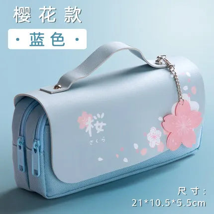 Sakura Pencil Bag PU Leather Pen Case Candy Color Japan Stationery Box Green Pink Organizer School Supplies Gift Ruler Pouch Hol