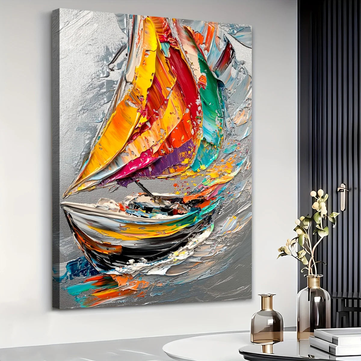Abstract Sailboat Decor: Colorful Ocean Journey Print Canvas Wall Art 1.5inch Thick Indoor Living Room and Home Decor