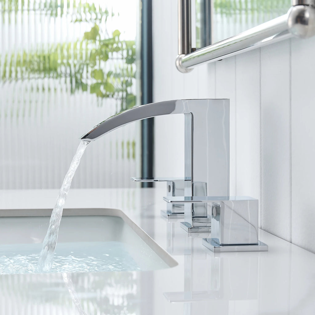 8 Inch Modern Waterfall Bathroom Faucet Widespread Sink Faucet Two-Handle Design 3-Hole Stainless Steel Material for Hotels