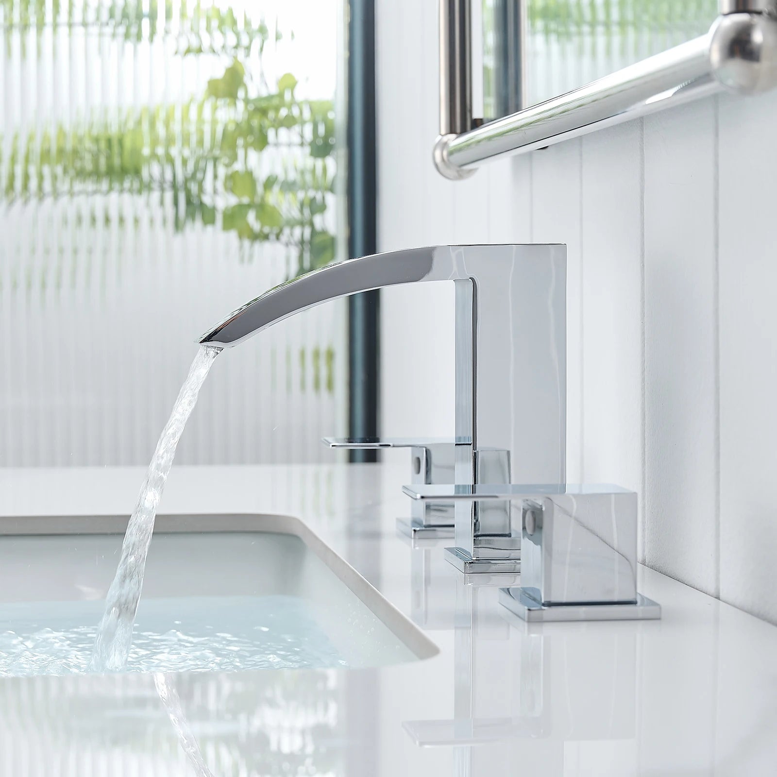 8 Inch Modern Waterfall Bathroom Faucet Widespread Sink Faucet Two-Handle Design 3-Hole Stainless Steel Material for Hotels