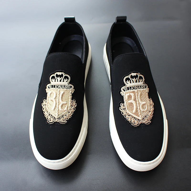 Brand New Men Casual Shoes Black Suede Leather Man Party Luxury Embroidery Flat Shoes Tide Slip-On Loafers