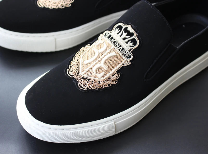 Brand New Men Casual Shoes Black Suede Leather Man Party Luxury Embroidery Flat Shoes Tide Slip-On Loafers