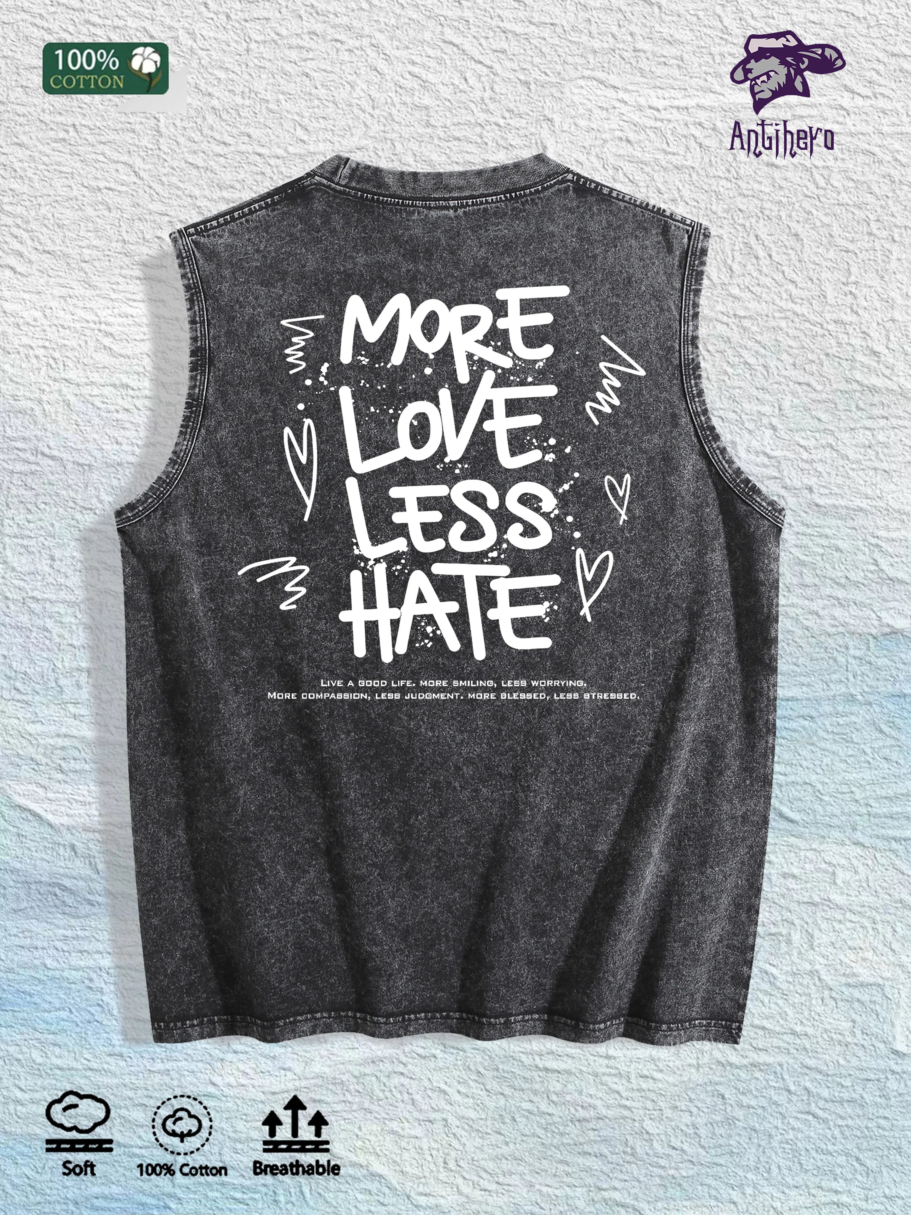 MORE LOVE LESS HATE Graphic Washed Vest US Warehouse 3 Colors Cotton Tank