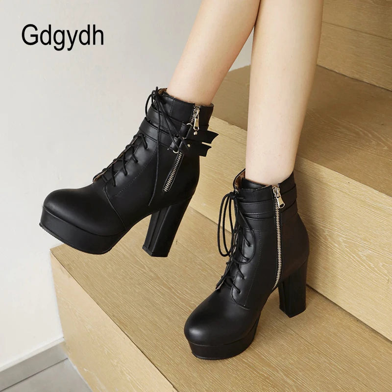 Gdgydh Black Boots Woman Vintage Buckle Casual Lady Boots High Heels Fashion Zipper Sexy Motorcycle Boots For Women Plus Size 46