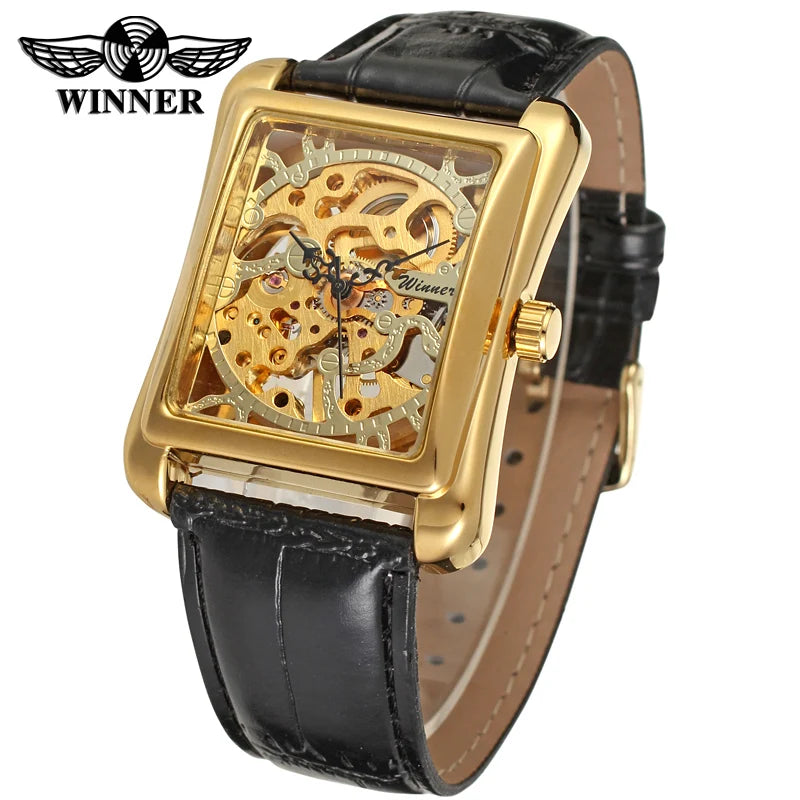 T-WINNER Watch Rectangular mechanical Watch Men's Watch Gold Belt Wrist Watch Hollow hand Mechanical watch