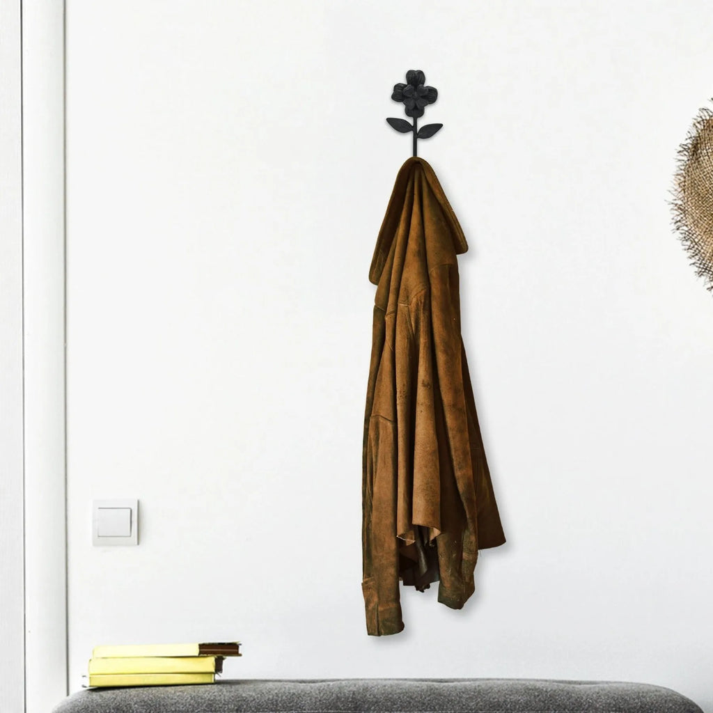 HMS 4\" Black Cast Iron Flower Wall Hook Home Metal Storage Towel Clothing Tools Kitchen Bathroom Wardrobe Garage Carved Office