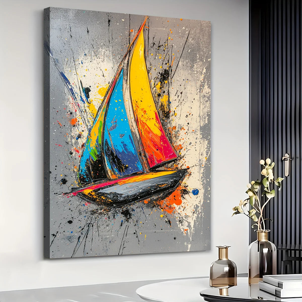 Colorful Sailboat Artwork: Vibrant Abstract Boat Art Print Canvas Wall Art 1.5inch Thick Indoor Living Room and Home Decor