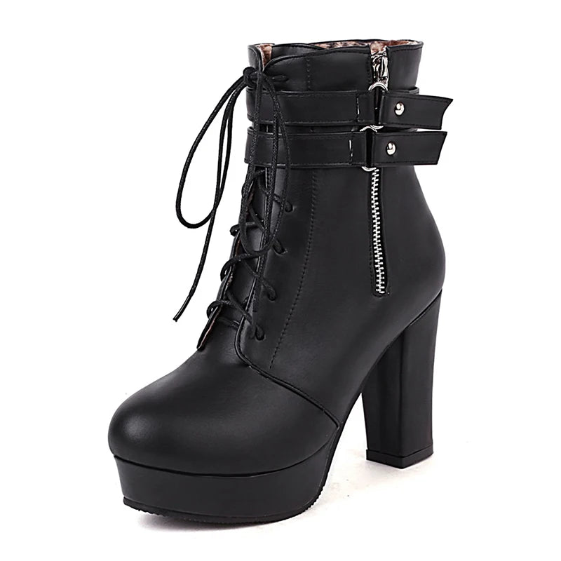 Gdgydh Black Boots Woman Vintage Buckle Casual Lady Boots High Heels Fashion Zipper Sexy Motorcycle Boots For Women Plus Size 46