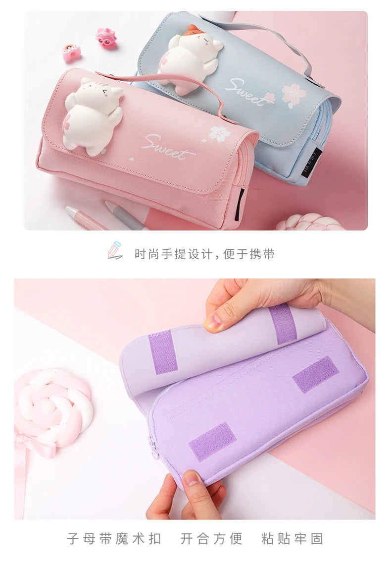Sakura Pencil Bag PU Leather Pen Case Candy Color Japan Stationery Box Green Pink Organizer School Supplies Gift Ruler Pouch Hol