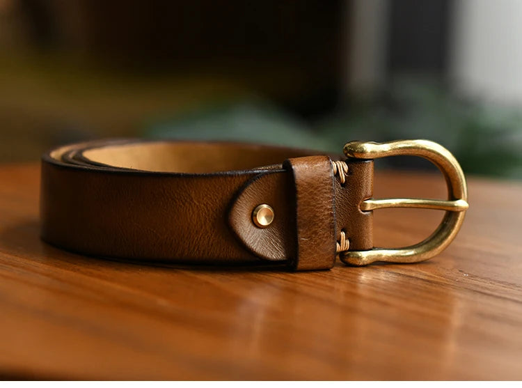 Handmade Classic Retro Style Pure Copper Horseshoe Buckle No interlayer Cowhide Men's Belt Genuine Leather Jeans Man design Belt