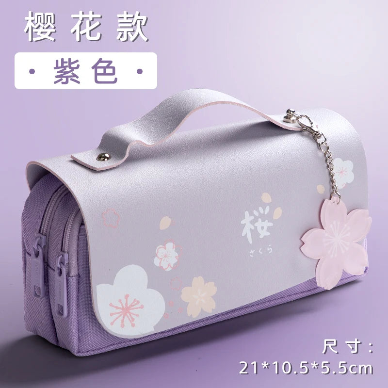Sakura Pencil Bag PU Leather Pen Case Candy Color Japan Stationery Box Green Pink Organizer School Supplies Gift Ruler Pouch Hol