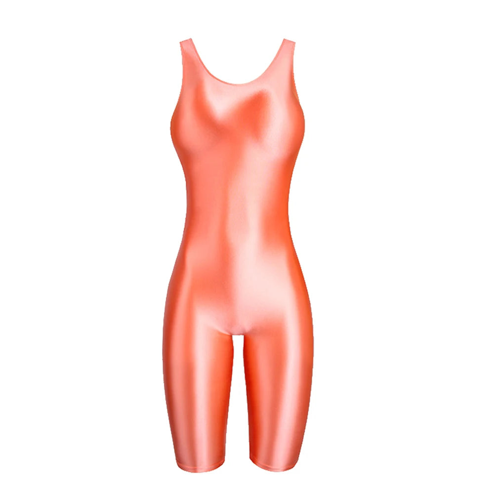 Women's Sleeveless One-Piece Swimsuit Shiny Glossy Yoga Gym Fitness Bodysuit Sexy Leotard Catsuit Jumpsuit Sport Overall MJINM