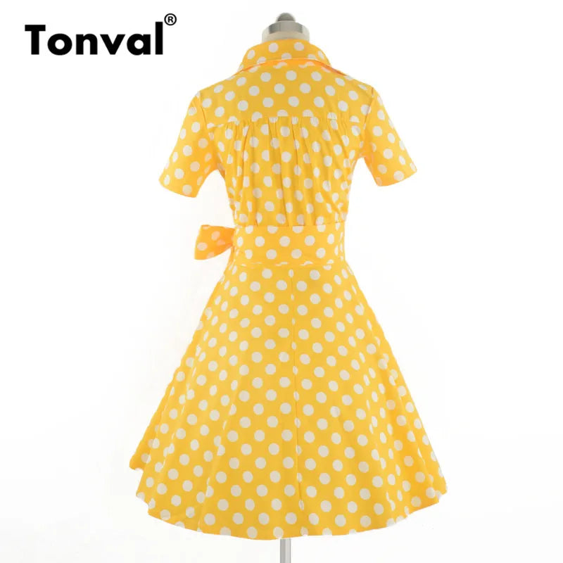 Tonval-Women's Retro Polka Dot Dress, Yellow Dress, Short Sleeve, V Neck, Belted, A Line, Summer Party, 50s Vintage Dresses