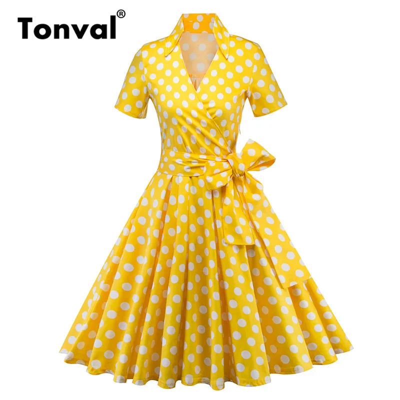 Tonval-Women's Retro Polka Dot Dress, Yellow Dress, Short Sleeve, V Neck, Belted, A Line, Summer Party, 50s Vintage Dresses