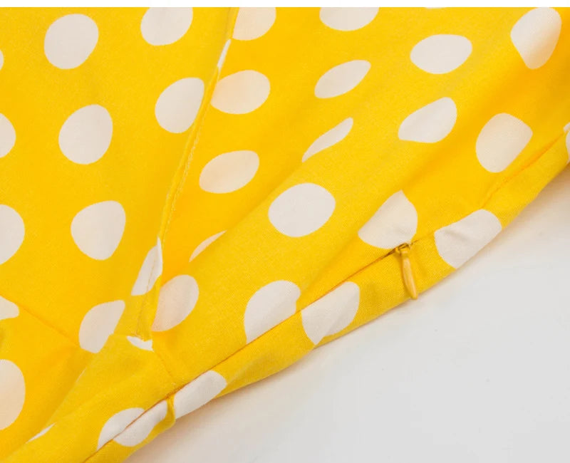 Tonval-Women's Retro Polka Dot Dress, Yellow Dress, Short Sleeve, V Neck, Belted, A Line, Summer Party, 50s Vintage Dresses