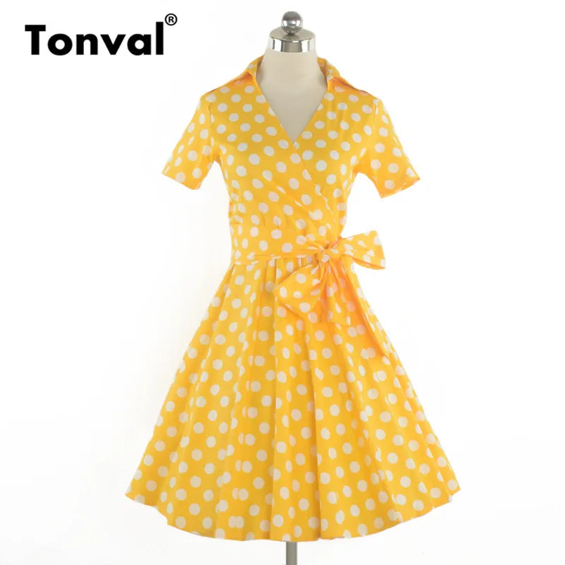 Tonval-Women's Retro Polka Dot Dress, Yellow Dress, Short Sleeve, V Neck, Belted, A Line, Summer Party, 50s Vintage Dresses