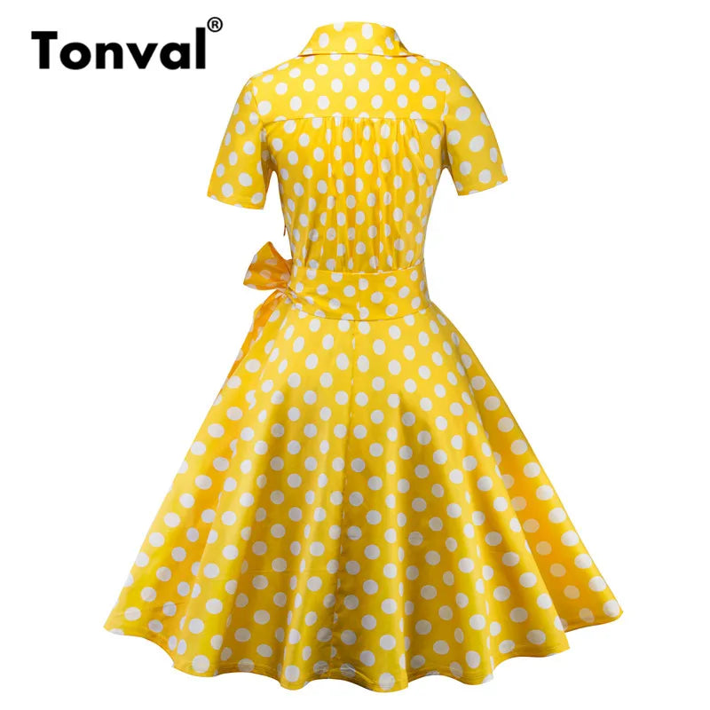 Tonval-Women's Retro Polka Dot Dress, Yellow Dress, Short Sleeve, V Neck, Belted, A Line, Summer Party, 50s Vintage Dresses