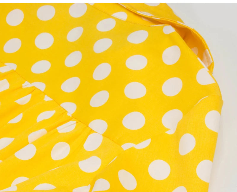 Tonval-Women's Retro Polka Dot Dress, Yellow Dress, Short Sleeve, V Neck, Belted, A Line, Summer Party, 50s Vintage Dresses