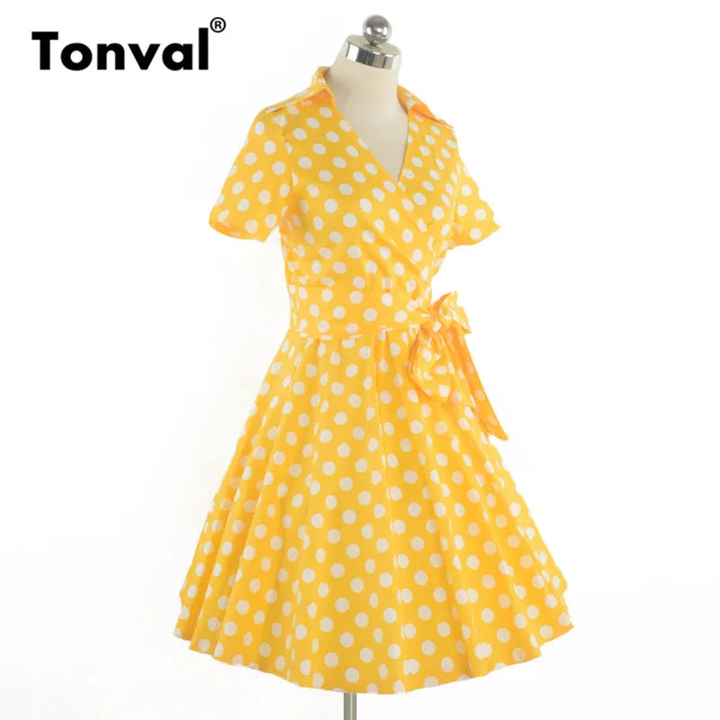Tonval-Women's Retro Polka Dot Dress, Yellow Dress, Short Sleeve, V Neck, Belted, A Line, Summer Party, 50s Vintage Dresses