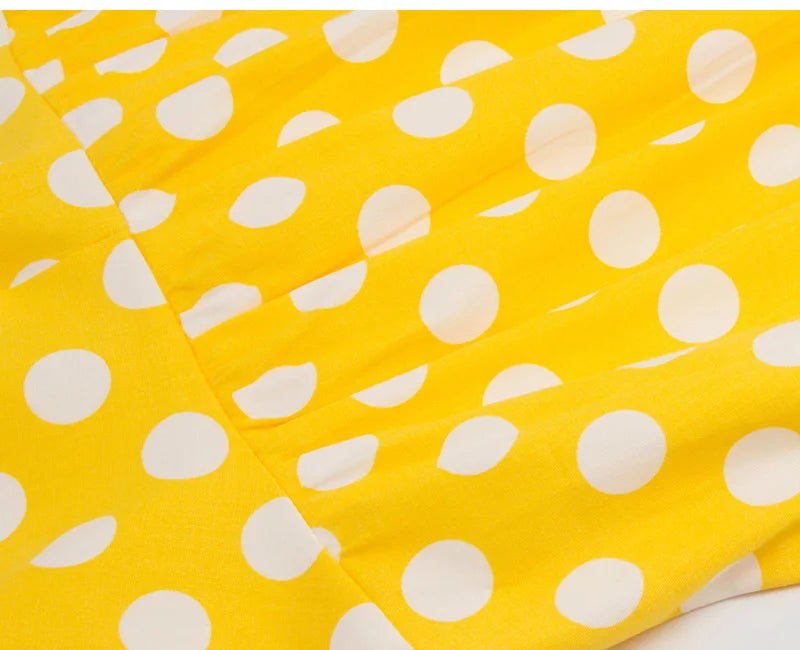 Tonval-Women's Retro Polka Dot Dress, Yellow Dress, Short Sleeve, V Neck, Belted, A Line, Summer Party, 50s Vintage Dresses