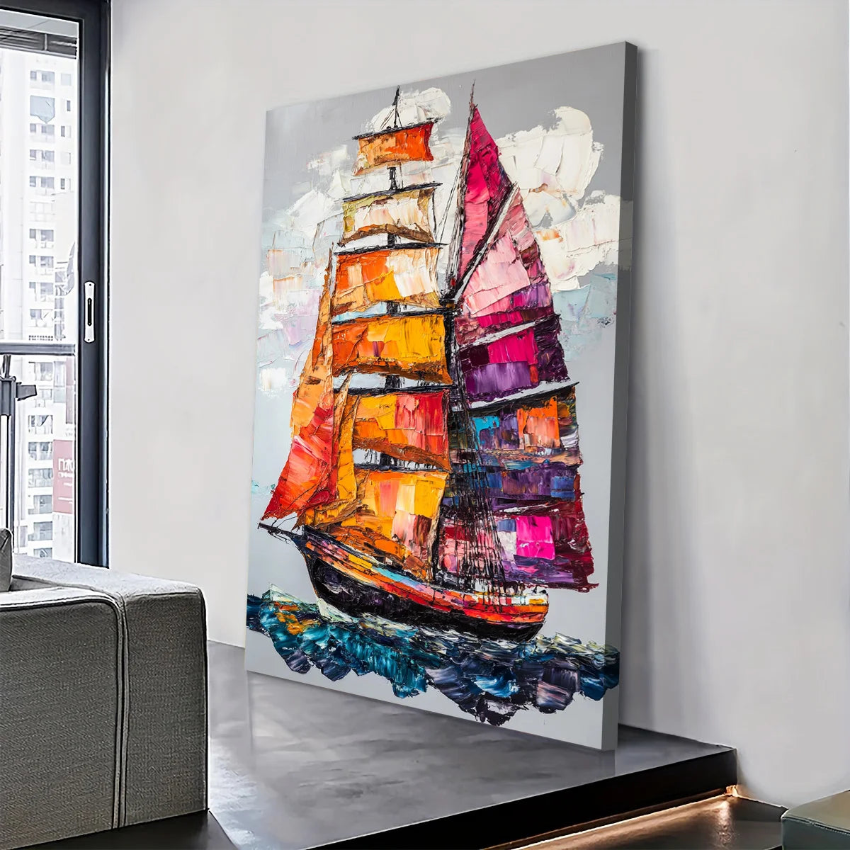 Abstract Sailboat Decor: Colorful Ocean Journey Print Canvas Wall Art 1.5inch Thick Indoor Living Room and Home Decor
