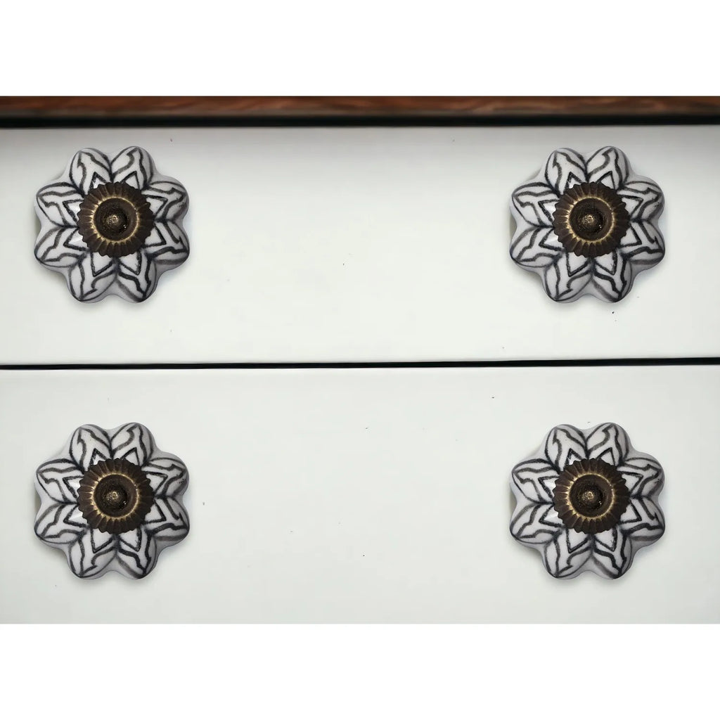 Set of Twelve Black and White Floral Ceramic Drawer Pull Knobs HMS Furniture Handles & Knobs
