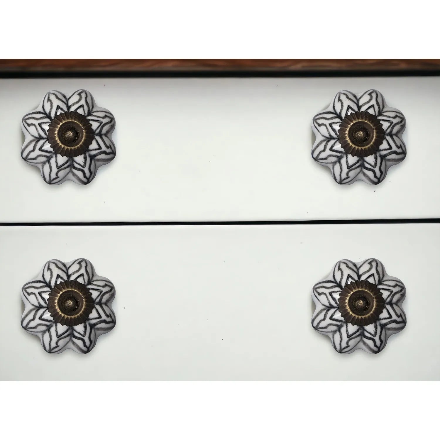 Set of Twelve Black and White Floral Ceramic Drawer Pull Knobs HMS Furniture Handles & Knobs
