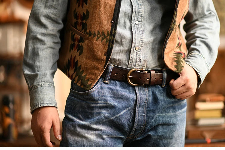 Handmade Classic Retro Style Pure Copper Horseshoe Buckle No interlayer Cowhide Men's Belt Genuine Leather Jeans Man design Belt