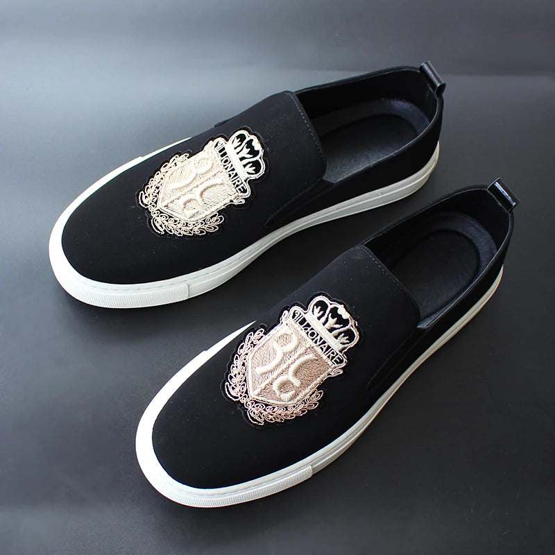 Brand New Men Casual Shoes Black Suede Leather Man Party Luxury Embroidery Flat Shoes Tide Slip-On Loafers