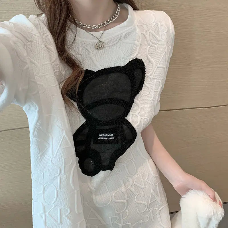 Women's T-shirts Harajuku Girls Plus Size Tops Letter Jacquard O-neck Short Sleeves Loose Summer Tshirt Bear White Tees M-5XL