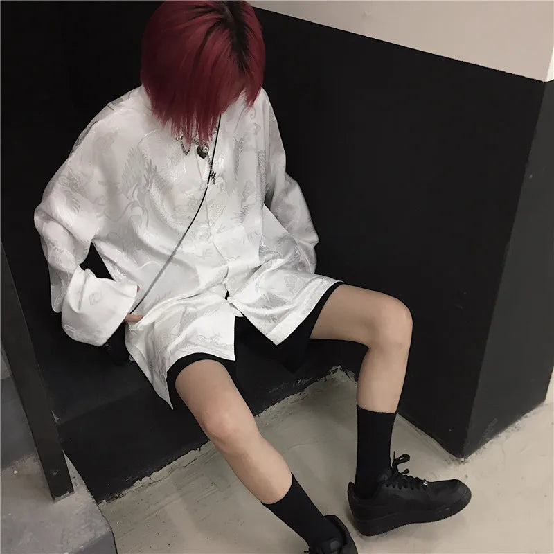 KOSAHIKI Women Man Blouse Dragon Print Harajuku Streetwear Chinese Style Stand Collar Buckle Vintage Black White Shirt Blusas