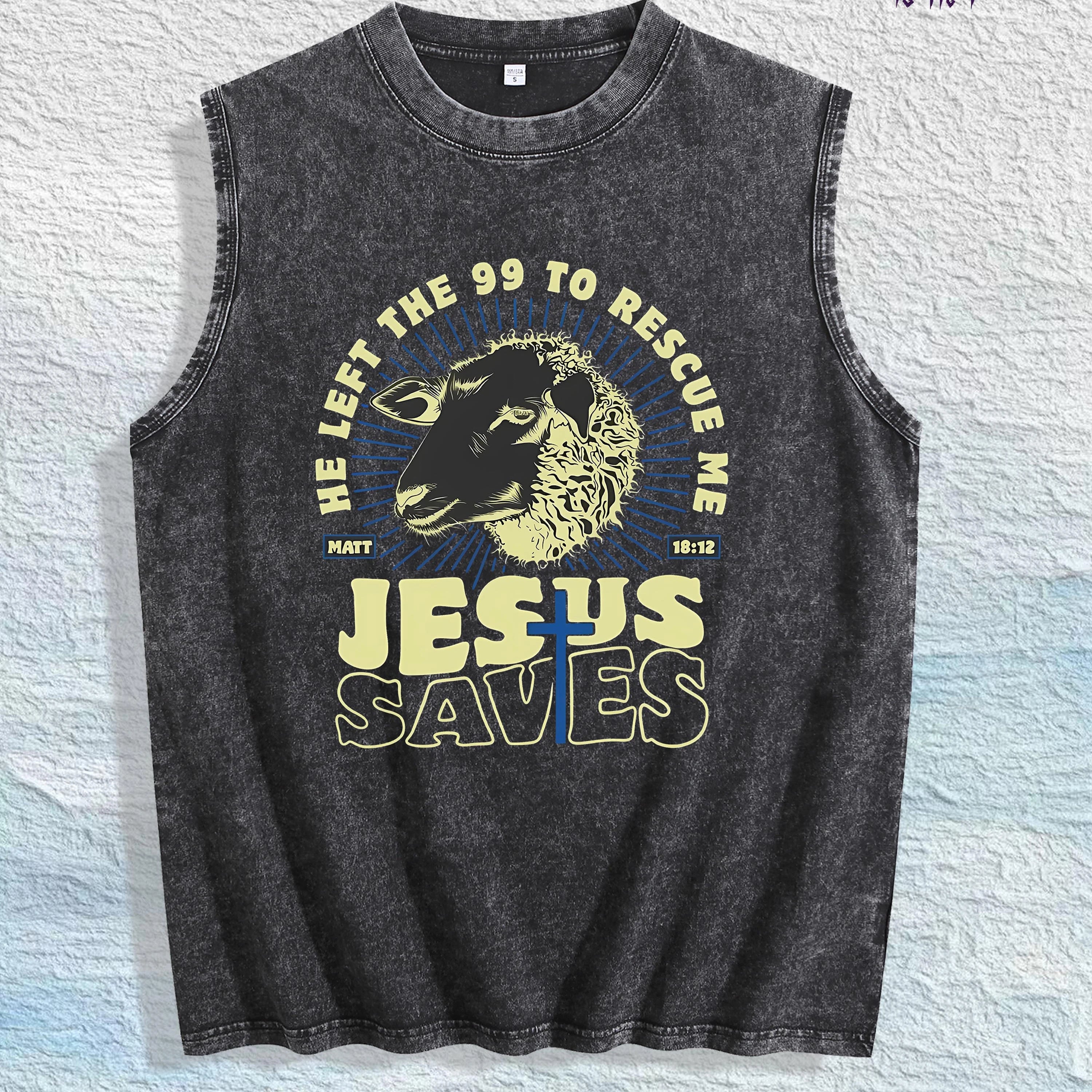 Biblical Jesus Saves" Sheep Graphic Washed Vest US Warehouse 3 Colors Cotton Tank
