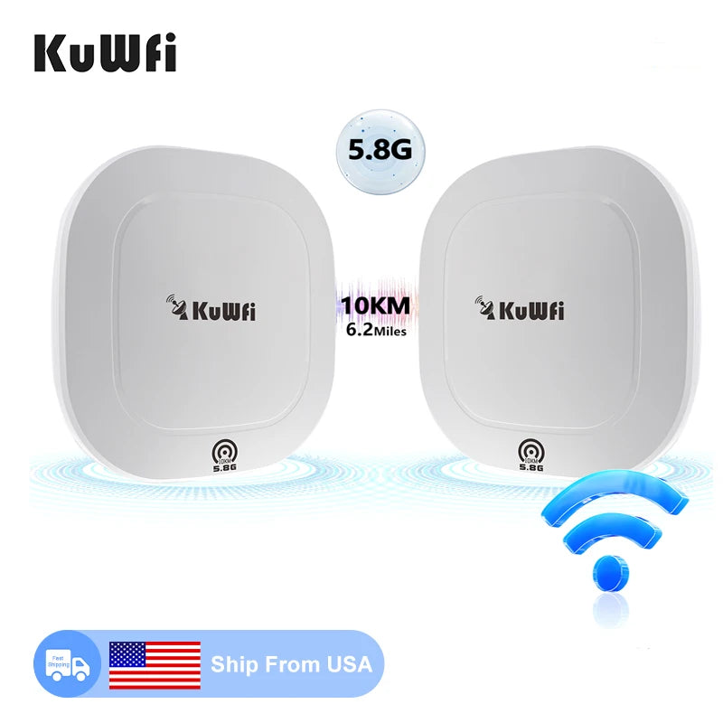 USA Stock KuWFi Outdoor 10KM Wireless Bridge IP65 Waterproof 17dBi Antenna PoE&DC Power Wifi Bridge for Industrial Monitoring