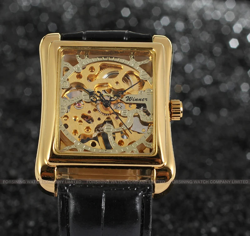 T-WINNER Watch Rectangular mechanical Watch Men's Watch Gold Belt Wrist Watch Hollow hand Mechanical watch