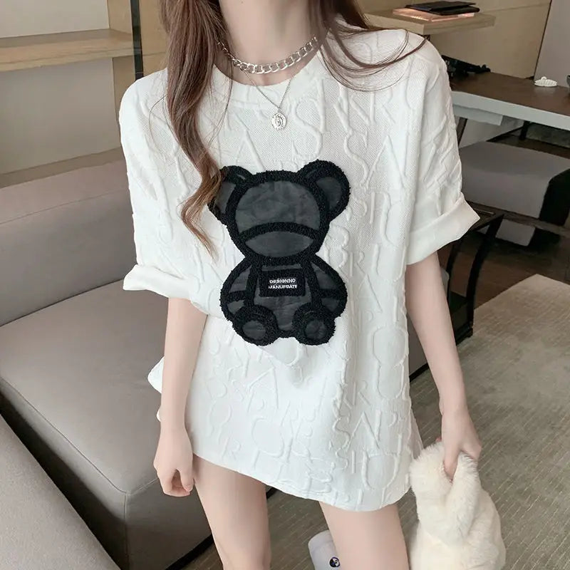 Women's T-shirts Harajuku Girls Plus Size Tops Letter Jacquard O-neck Short Sleeves Loose Summer Tshirt Bear White Tees M-5XL