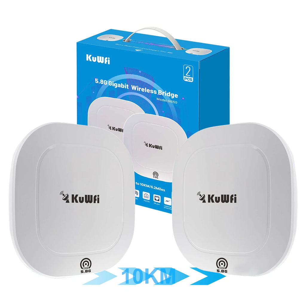 USA Stock KuWFi Outdoor 10KM Wireless Bridge IP65 Waterproof 17dBi Antenna PoE&DC Power Wifi Bridge for Industrial Monitoring