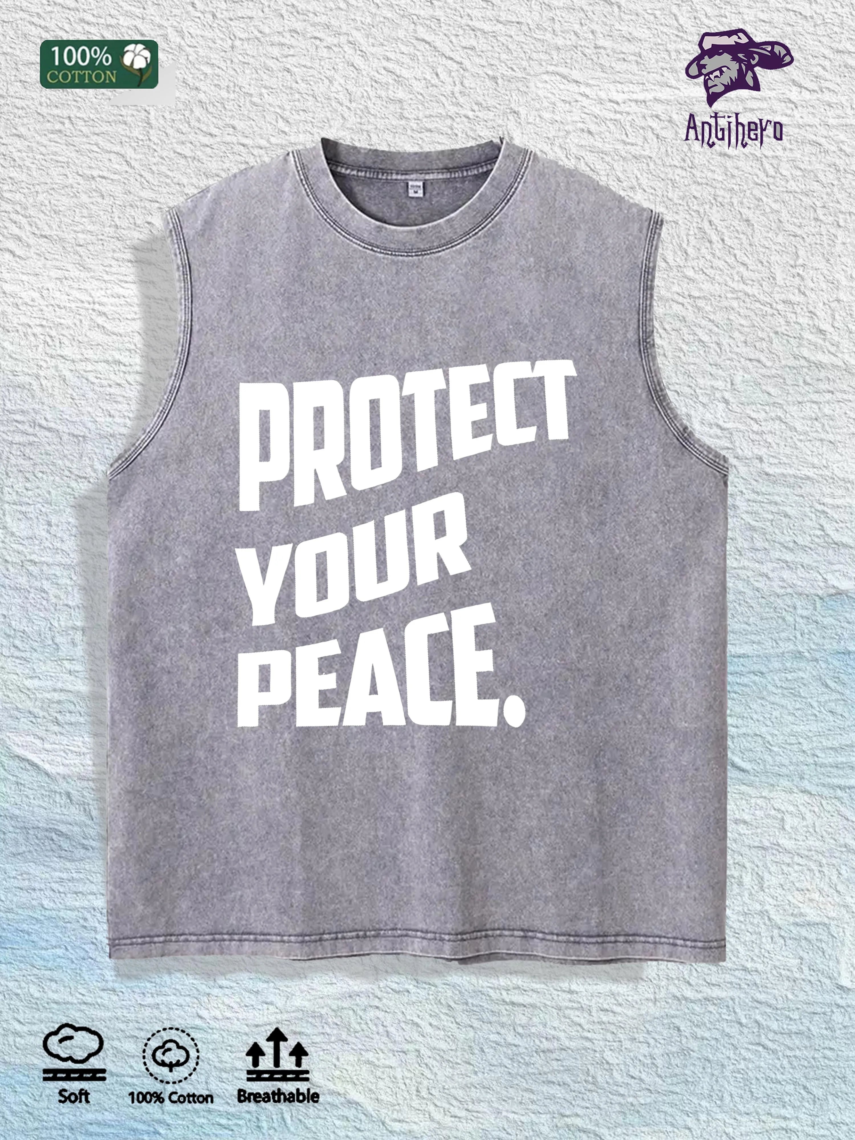 PROTECT YOUR PEACE Slogan Graphic Washed Vest US Warehouse 3 Colors Cotton Tank