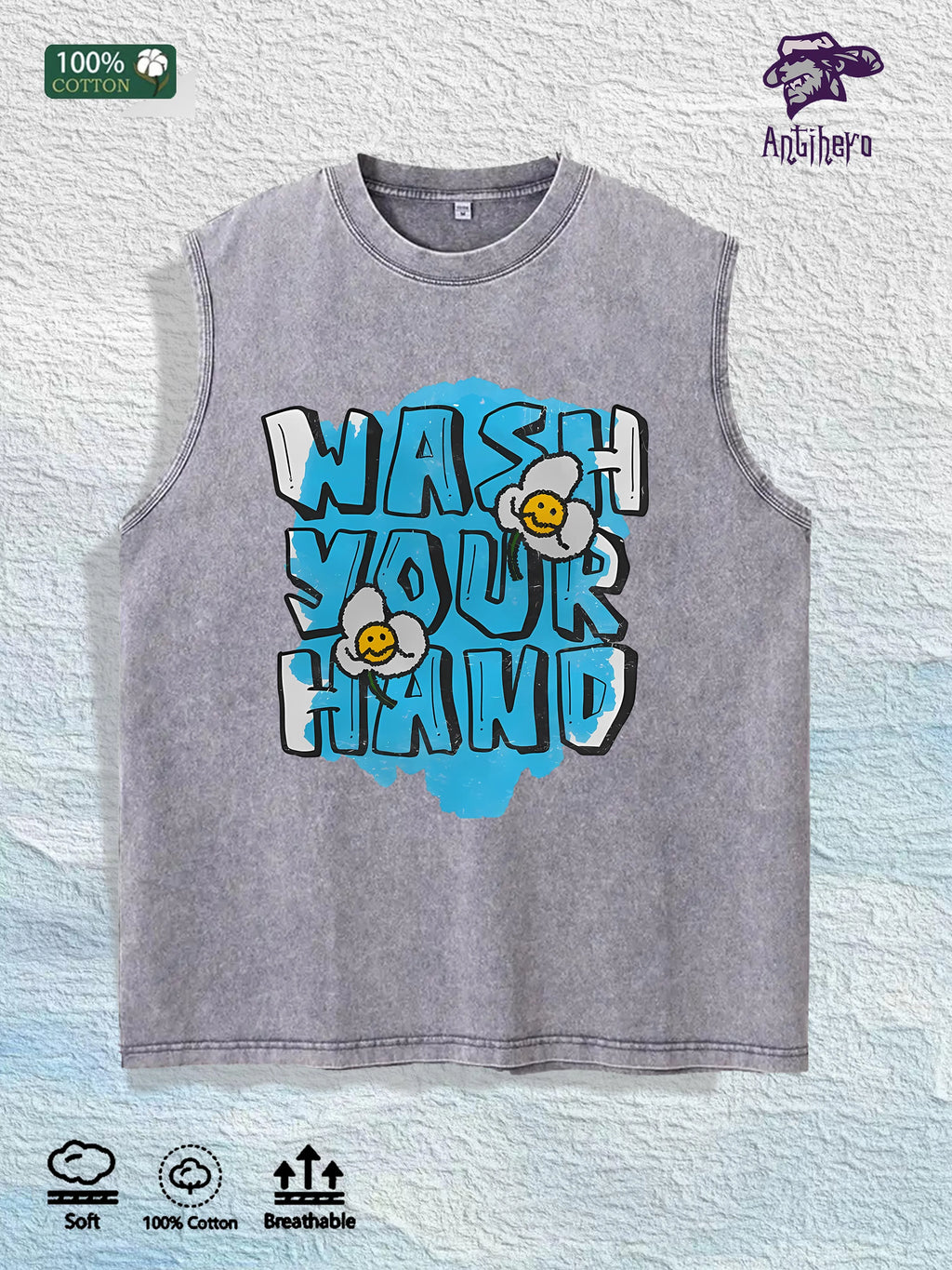 WASH YOUR HAND Graphic Washed Vest US Warehouse 3 Colors Cotton Tank