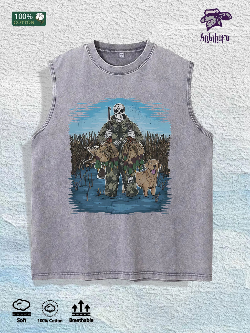 Hunting Skull & Dog Graphic Washed Vest US Warehouse 3 Colors Cotton Tank