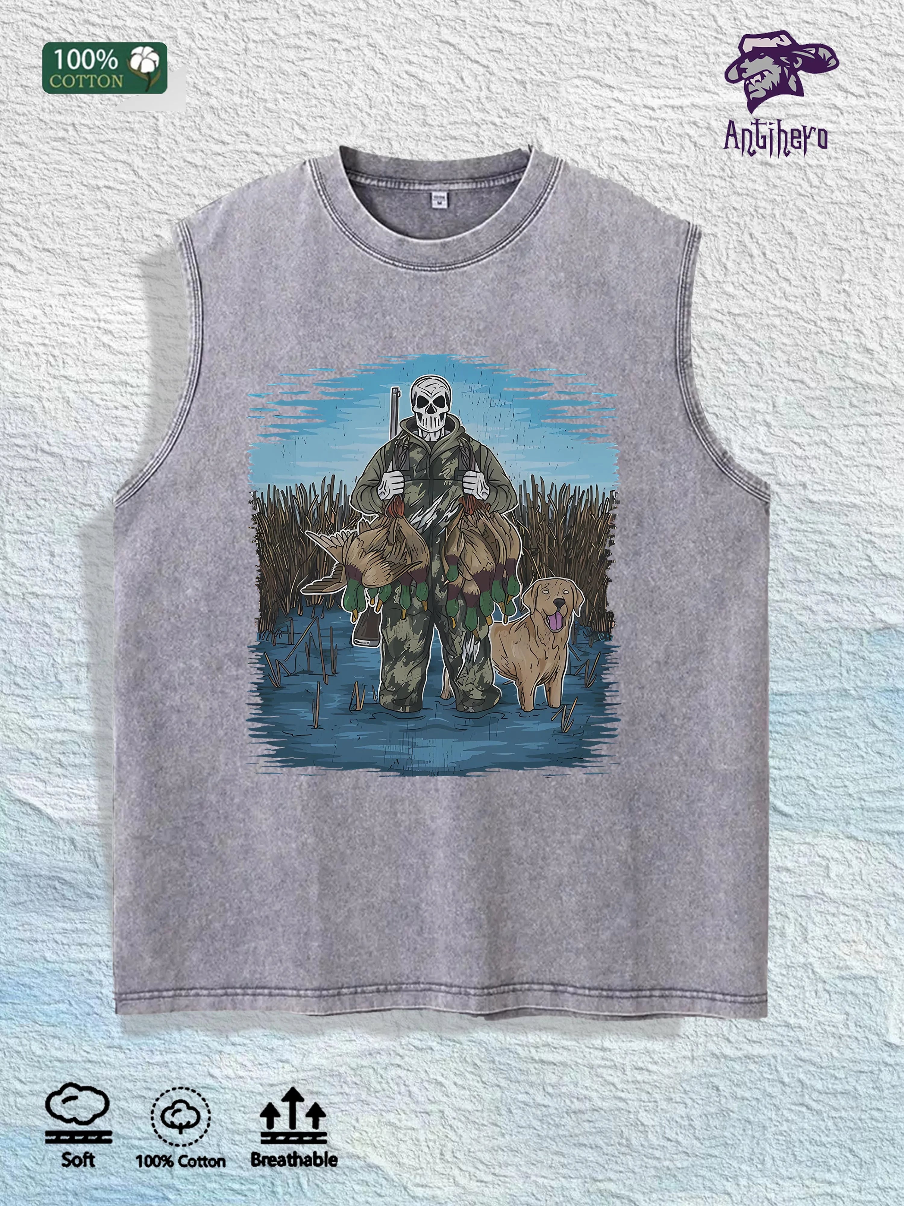 Hunting Skull & Dog Graphic Washed Vest US Warehouse 3 Colors Cotton Tank