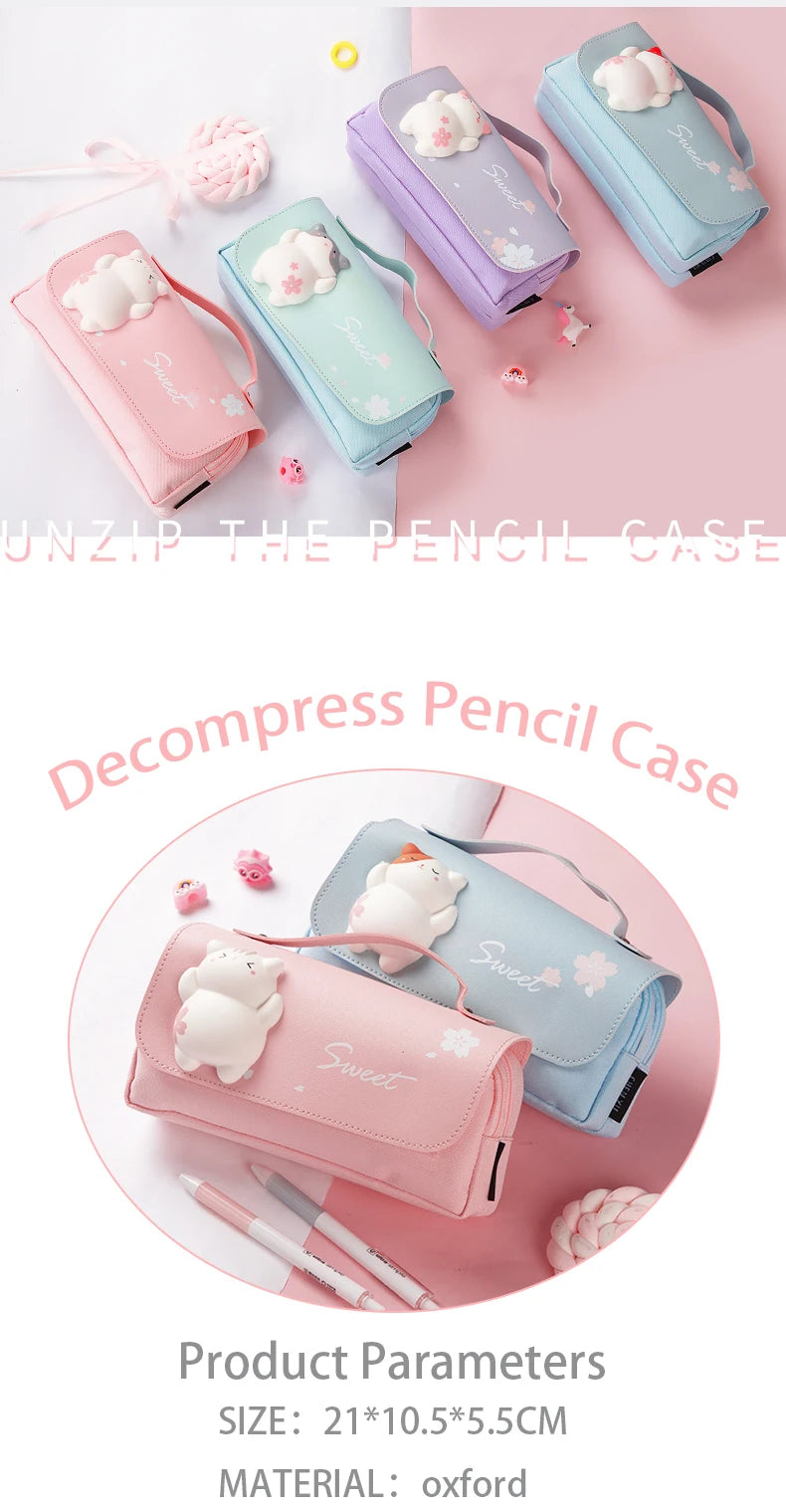 Sakura Pencil Bag PU Leather Pen Case Candy Color Japan Stationery Box Green Pink Organizer School Supplies Gift Ruler Pouch Hol
