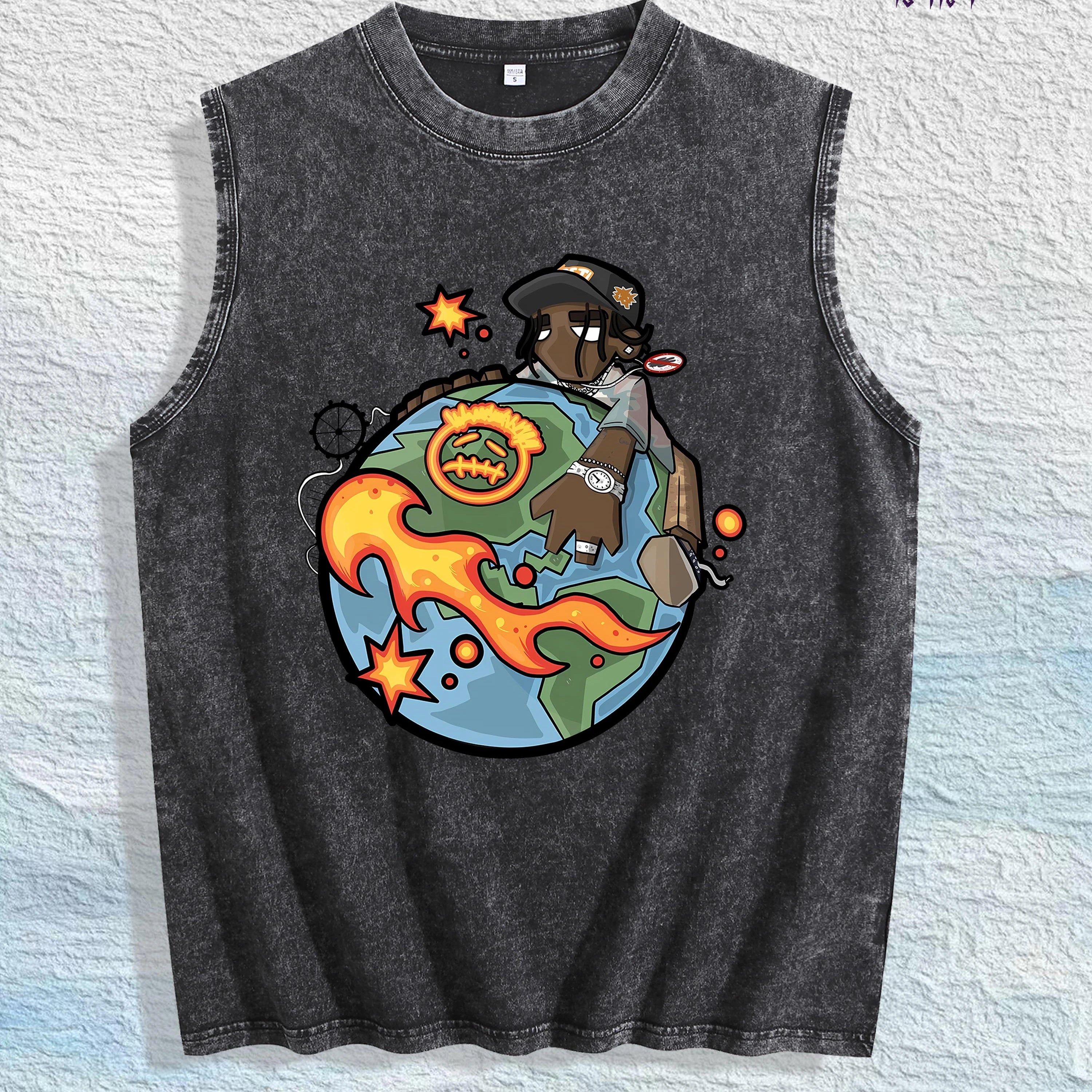 Cartoon Globe & Character Graphic Washed Vest US Warehouse 3 Colors Cotton Tank